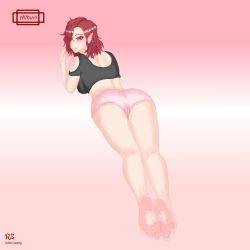 Rule 34 | 1girl, absurdres, anus, ass, bad id, bad pixiv id, blush, feet, green eyes, highres, looking at viewer, original, red hair, reinzwang, self-upload, short hair, simple background, soles, solo, toes