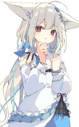 Rule 34 | 1girl, absurdres, ahoge, animal ears, blush, commission, detached sleeves, dress, fox ears, grey hair, hair ornament, hand on own chin, highres, long hair, looking at viewer, open mouth, original, puffy sleeves, red eyes, sakurada shiro (hy plus), simple background, skeb commission, solo, upper body, very long hair, white background, white dress, zoirun