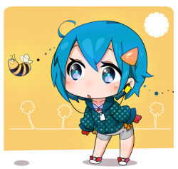 Rule 34 | 1girl, bee, blue eyes, blue hair, blush, bug, chibi, bug, matching hair/eyes, original, shimoda-kon, short hair, solo