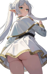 Rule 34 | 1girl, ass, dress, earrings, elf, frieren, from behind, from below, green eyes, gyunzai, highres, jewelry, jpeg artifacts, long hair, long sleeves, looking back, pointy ears, solo, sousou no frieren, thighs, twintails, white background, white dress, white hair