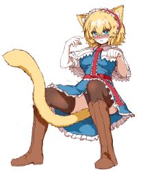 1girl alice_margatroid animal_ears black_leggings blonde_hair blue_dress blue_eyes blush boots brown_footwear capelet cat_ears cat_tail crying crying_with_eyes_open dress frilled_capelet frilled_dress frilled_hairband frills hairband highres leggings puffy_short_sleeves puffy_sleeves rampa93 red_ribbon ribbon short_hair short_sleeves simple_background tail tears thighhighs touhou white_background