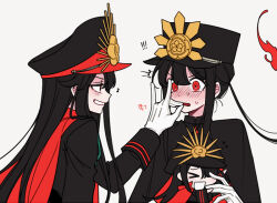 Rule 34 | 1boy, 1girl, black cape, black hair, brother and sister, cape, crest, family crest, fate/grand order, fate (series), fiery hair, hat, long hair, looking at another, low ponytail, medallion, military hat, mini nobu (fate), oda nobukatsu (fate), oda nobunaga (fate), oda uri, peaked cap, red cape, red eyes, sempon (doppio note), siblings, simple background, trap, white background