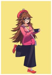 Rule 34 | 1girl, angellyuna, bag, beret, black pants, bow, breasts, brown eyes, brown hair, fate/extra, fate/extra ccc, fate (series), glasses, hair bow, hamster, handheld game console, hat, holding, holding handheld game console, jinako carigiri, large breasts, long hair, long sleeves, looking at viewer, nintendo, nintendo switch, open mouth, pants, pink sweater, red footwear, red headwear, shoulder bag, simple background, smile, sweater, yellow background