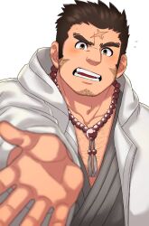Rule 34 | 1boy, bara, beckoning, blush, cross scar, facial hair, goatee stubble, hood, hooded jacket, houzouin oniwaka, jacket, japanese clothes, kimono, large pectorals, looking at viewer, male focus, mature male, muscular, muscular male, okogekogepan, outstretched hand, pectoral cleavage, pectorals, reaching, reaching towards viewer, scar, scar on face, scar on forehead, short hair, sideburns, sideburns stubble, solo, stubble, thick eyebrows, tokyo houkago summoners, upper body, v-shaped eyebrows