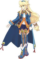 Rule 34 | 1girl, ahoge, belt, blonde hair, blue footwear, boots, cape, clarissa arwin, coat, full body, gloves, green eyes, hairband, long hair, low-tied long hair, necktie, official art, pants, ribbon, sasaki tomomi, scan, scan artifacts, shoes, sidelocks, simple background, smile, solo, thighhighs, tomomi sasaki, white background, wild arms, wild arms xf