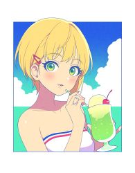 Rule 34 | 1girl, :3, agata (agatha), bare shoulders, blonde hair, blue sky, blush, breasts, cherry, cleavage, cloud, collarbone, day, drink, drinking straw, eyelashes, fingernails, food, fruit, green eyes, hair ornament, hairclip, heart, idolmaster, idolmaster cinderella girls, jewelry, looking at viewer, miyamoto frederica, nail polish, open mouth, red nails, ring, short hair, sky, solo, strapless, upper body
