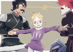 Rule 34 | 3boys, anger vein, armor, bebinn, black hair, blonde hair, blush, character request, clenched teeth, commentary request, crown, daida, eye contact, facial hair, holding, holding hands, long sleeves, looking at another, male focus, mini crown, multiple boys, mustache, nikomi (nikomix), ousama ranking, pantyhose, purple tunic, short hair, shoulder armor, sweat, teeth