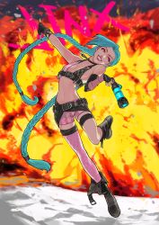 Rule 34 | 1girl, abiso, aqua hair, arched back, asymmetrical gloves, bad id, bad pixiv id, bandolier, belt, bikini, bikini top only, boots, braid, bullet, eyelashes, fingerless gloves, fishnet thighhighs, fishnets, flat chest, fringe trim, gloves, grin, gun, hairline, handgun, highres, jewelry, jinx (league of legends), league of legends, lipstick, long hair, makeup, mismatched gloves, multiple belts, nail polish, necklace, pendant, red eyes, shorts, single thighhigh, smile, solo, swimsuit, thigh strap, thighhighs, twin braids, very long hair, weapon