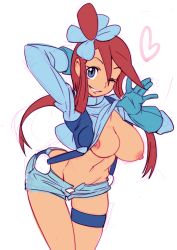Rule 34 | 10s, 1girl, bad id, bad pixiv id, bent over, blue eyes, breasts, cleavage, clothes lift, creatures (company), game freak, gloves, gym leader, heart, highres, large breasts, nintendo, nipples, one eye closed, pokemon, pokemon bw, red hair, shirt lift, short shorts, shorts, simple background, sketch, skyla (pokemon), solo, white background, wink, zaitsu