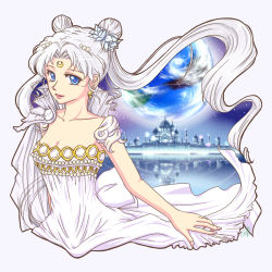 Rule 34 | 1girl, bare shoulders, bishoujo senshi sailor moon, blue eyes, breasts, castle, cleavage, collarbone, crescent, crescent facial mark, dress, earrings, facial mark, flower, forehead mark, hair flower, hair ornament, hairpin, highres, jewelry, long hair, looking at viewer, parted bangs, planet, princess serenity, seiji (hanjuku pancake), solo, strapless, strapless dress, tsukino usagi, upper body, white dress, white hair