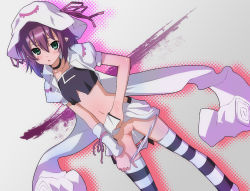 Rule 34 | 1girl, blush, censored, clothes lift, collar, green eyes, hat, merry nightmare, midriff, navel, open mouth, panties, panty pull, purple hair, pussy juice, pussy juice trail, short hair, skirt, skirt lift, solo, standing, striped clothes, striped thighhighs, thighhighs, underwear, yada ei, yumekui merry