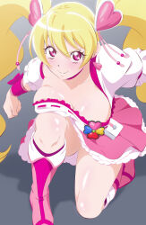Rule 34 | 1girl, blonde hair, boots, breasts, choker, closed mouth, collarbone, cure peach, earrings, fresh precure!, fuchi (nightmare), gradient background, grey background, hair ornament, heart, heart earrings, heart hair ornament, highres, jewelry, knee boots, large breasts, long hair, looking at viewer, magical girl, momozono love, on one knee, pink choker, pink eyes, pink footwear, precure, puffy short sleeves, puffy sleeves, short sleeves, smile, solo, twintails, wrist cuffs