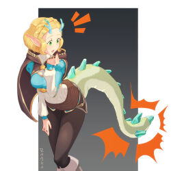 Rule 34 | 1girl, artist name, black pants, blonde hair, blue shirt, blush, braid, commentary, crown braid, dragon, dragon girl, dragon horns, dragon tail, english commentary, green eyes, hair ornament, hairclip, horns, long sleeves, nintendo, open mouth, pants, pointy ears, princess zelda, ragnarathered, shirt, short hair, solo, spoilers, tail, the legend of zelda, the legend of zelda: tears of the kingdom, western dragon