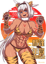 Rule 34 | 1girl, :d, abs, absurdres, animal ears, animal print, bare shoulders, bikini, black hairband, blue eyes, body markings, breasts, caenis (fate), chinese zodiac, claw pose, cleavage, collarbone, commentary request, cowboy shot, dark-skinned female, dark skin, elbow gloves, fake animal ears, fake tail, fate/grand order, fate (series), female focus, fingernails, fur collar, gloves, groin, hair between eyes, hair intakes, hairband, highres, large breasts, long fingernails, long hair, looking at viewer, low ponytail, moussaka, muscular, muscular female, nail polish, navel, open mouth, paw print, sidelocks, skindentation, smile, solo, standing, stomach, swimsuit, tail, teeth, thighhighs, thighs, tiger ears, tiger print, tiger tail, translation request, tsurime, watermark, white background, white hair, white nails, year of the tiger, yellow bikini, yellow gloves, yellow thighhighs