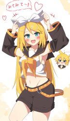 Rule 34 | 1boy, 1girl, adjusting clothes, adjusting headwear, aged up, belt, blonde hair, blue eyes, blush, bow, breasts, commentary request, crop top, detached sleeves, fang, hair bow, hair ornament, hairclip, highres, kagamine len, kagamine rin, long hair, long sleeves, midriff, navel, neckerchief, nose blush, open mouth, oyu (umyu13137), sailor collar, shirt, shorts, sideboob, sleeveless, sleeveless shirt, smile, sweat, translated, very long hair, vocaloid