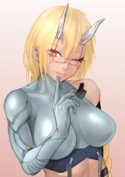Rule 34 | 1girl, blonde hair, breasts, finger to mouth, gradient background, hand up, highres, horns, index finger raised, kilye kairi, large breasts, looking at viewer, mechanical horns, one eye closed, original, parted lips, pink background, red eyes, smile, solo