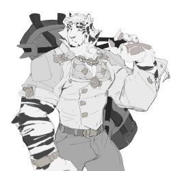 Rule 34 | 1boy, absurdres, alternate costume, animal ears, arknights, bara, blue eyes, casual, cowboy shot, facial hair, furry, furry male, goatee, highres, large hands, large pectorals, male focus, mountain (arknights), muscular, muscular male, over shoulder, pants, pectoral cleavage, pectorals, scar, scar across eye, short hair, sleeves rolled up, solo, tail, thick eyebrows, tiger boy, tiger ears, tiger tail, unfinished, white fur, white hair, wincalblanke