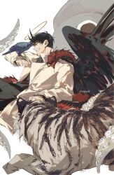 Rule 34 | 1boy, animal on arm, bird, bird on arm, black hair, black pants, cfeather8, closed eyes, coat, grin, halo, highres, horns, kim dokja, male focus, monster, omniscient reader&#039;s viewpoint, open clothes, open coat, pants, short hair, simple background, smile, solo, tiger, white background, white coat