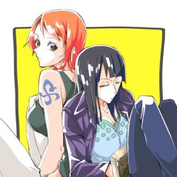 Rule 34 | 2girls, arm tattoo, back-to-back, black hair, blue pants, book, closed mouth, commentary request, futo (hbnn328), jacket, looking back, medium hair, multiple girls, nami (one piece), nico robin, one piece, orange hair, pants, short hair, sleeping, tank top, tattoo, white pants, yellow background