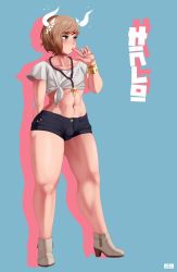 Rule 34 | 1boy, ankle boots, blue eyes, blush, boots, brown hair, bulge, finger in own mouth, high heel boots, high heels, highres, jlullaby, key, midriff, navel, shirt, short hair, short shorts, shorts, solo, tied shirt, trap