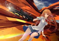 Rule 34 | 1girl, bandages, bullpup, casing ejection, cellphone, cellphone charm, charm (object), fingerless gloves, firing, gloves, gun, highres, long hair, muzzle flash, orange hair, original, phone, pleated skirt, red eyes, redjuice, rifle, school uniform, shell casing, short sleeves, single glove, skirt, solo, weapon