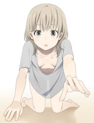 Rule 34 | 1girl, all fours, barefoot, blonde hair, blush, breasts, cleavage, downblouse, extended downblouse, gradient background, green eyes, looking at viewer, mattaku mousuke, navel, no bra, open mouth, original, see-through silhouette, shadow, short hair, small breasts, solo, white background