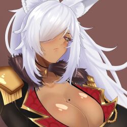 Rule 34 | 1girl, animal ear fluff, animal ears, black coat, blush, breasts, brown background, cleavage, closed mouth, coat, collarbone, dark-skinned female, dark skin, discordia (vtuber), epaulettes, eyelashes, fox ears, fox girl, fur-trimmed coat, fur trim, hair over one eye, indie virtual youtuber, large breasts, long hair, low neckline, mole, mole on breast, ophimon, ponytail, red eyes, second-party source, solo, upper body, vfleet, virtual youtuber, white hair