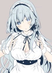 Rule 34 | 1girl, apron, black ribbon, blue eyes, blush, bow, braid, breasts, brown background, buttons, cleavage, collar, commentary request, dress bow, eyelashes, fingernails, frilled collar, frills, grey hair, highres, large breasts, long hair, looking at viewer, maid, maid apron, maid headdress, neck ribbon, original, parted lips, partially unbuttoned, puffy short sleeves, puffy sleeves, ribbon, shirt, short sleeves, simple background, solo, strap pull, twin braids, twitter username, underbust, waist apron, white apron, white bow, wrist cuffs, yu yu