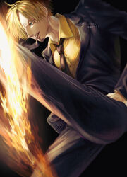 Rule 34 | 1boy, ass, black jacket, black necktie, black pants, blonde hair, blue eyes, cigarette, collared shirt, commentary request, diable jambe, dress shirt, facial hair, fire, formal, hair over one eye, highres, jacket, leg up, long sleeves, male focus, mouth hold, necktie, nsgw, one piece, pants, sanji (one piece), shirt, short hair, smoke, smoking, solo, standing, standing on one leg, suit, teeth, yellow shirt