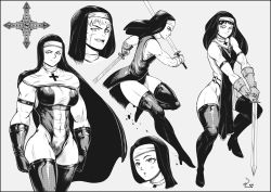 Rule 34 | abs, absurdres, armband, blush, bodysuit, cross, dual wielding, gloves, greyscale, habit, high heels, highres, holding, holding weapon, leotard, looking at viewer, monochrome, multiple girls, muscular, muscular female, nun, original, scar, scar on face, speedl00ver, sword, thighhighs, weapon