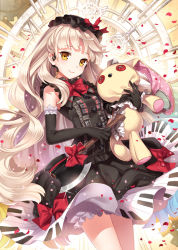 Rule 34 | 1girl, :&gt;, black gloves, bloomers, blush, bow, dress, elbow gloves, gloves, holding, long hair, looking at viewer, mayu (vocaloid), nardack, petals, piano print, silver hair, smile, solo, sparkle, standing, star (symbol), stuffed animal, stuffed rabbit, stuffed toy, underwear, usano mimi, vocaloid, yellow eyes