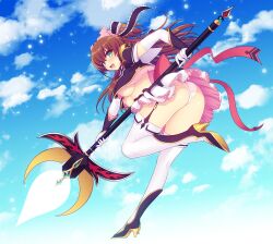 Rule 34 | 1girl, blue sky, breasts, brown hair, cloud, elbow gloves, frilled skirt, frills, gloves, green eyes, high heels, highres, holding, holding staff, long hair, magical girl, mahou senshi extra ignition, medium breasts, panties, pleated skirt, ribbon, saitou natsuki, skirt, sky, solo, staff, sweet lip, thighhighs, underboob, underwear, white gloves, white panties, white thighhighs