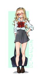 Rule 34 | 1girl, bag, black hairband, blonde hair, blue eyes, blush, bow, bowtie, bracelet, collared shirt, commentary request, dekomegane, full body, glasses, grey skirt, hairband, highres, holding, holding bag, jewelry, loafers, long hair, looking at viewer, loose bowtie, one eye closed, original, red-framed eyewear, red bow, red bowtie, sasetsu, school uniform, shirt, shoes, skirt, sleeves rolled up, smile, solo, teeth, thick eyebrows, white shirt