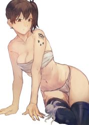 Rule 34 | 10s, 1girl, animal, bad id, bad twitter id, bare shoulders, black thighhighs, breasts, brown eyes, brown hair, cleavage, collarbone, commentary request, fukazaki (g425hw45), fundoshi, japanese clothes, kaga (kancolle), kantai collection, medium breasts, midriff, navel, octopus, sarashi, side ponytail, simple background, solo, tattoo, thighhighs, underwear, white background