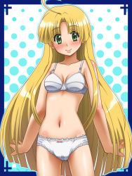 Rule 34 | 10s, 1girl, ahoge, asia argento, awa, bad id, bad tinami id, blonde hair, blush, bow, bow panties, bra, framed, green eyes, halftone, halftone background, high school dxd, light smile, lingerie, long hair, looking at viewer, navel, outside border, outstretched arms, panties, solo, spread arms, underwear, underwear only, very long hair, white bra, white panties