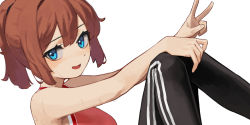 Rule 34 | 1girl, bare arms, black pants, blue eyes, brown hair, dutch angle, highres, looking at viewer, nuri (yoon cook), original, pants, parted lips, ponytail, red sports bra, simple background, smile, solo, sports bra, sweat, track pants, v, white background, yoon cook