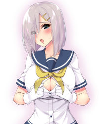 Rule 34 | 1girl, absurdres, blue eyes, blush, breasts, collarbone, eyes visible through hair, gloves, gradient background, hair ornament, hair over one eye, hairclip, hamakaze (kancolle), highres, kantai collection, large breasts, looking at viewer, open clothes, open mouth, open shirt, sailor collar, sarfata, school uniform, serafuku, short hair, short sleeves, simple background, solo, translation request, twitter username, upper body, white background, white gloves, yellow neckwear