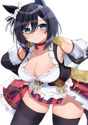Rule 34 | 1girl, absurdres, animal ears, bare shoulders, black hair, black thighhighs, blue eyes, breasts, chestnut mouth, cleavage, clothes lift, commentary request, cowboy shot, detached sleeves, dirndl, dress, ear ornament, eishin flash (umamusume), frilled dress, frills, german clothes, hair between eyes, hands on own hips, highres, horse ears, horse girl, horse tail, kaoru (h8qm9), large breasts, long sleeves, looking at viewer, open mouth, short hair, simple background, solo, tail, thighhighs, thighs, umamusume, white background, zettai ryouiki