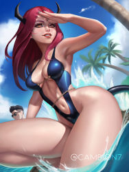 Rule 34 | 1boy, 1girl, armpits, bare hips, beach, breasts, camb, chain belt, chain between breasts, cleavage, demon girl, demon tail, highres, horns, lips, looking afar, nail polish, navel, oni, original, red hair, red lips, swimsuit, tail, thick thighs, thighs, water
