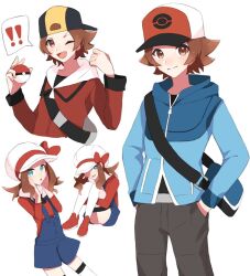 ! !! 1boy 1girl backwards_hat baseball_cap black_shirt blue_bag blue_eyes blue_jacket blue_overalls bow brown_eyes brown_hair closed_mouth cosplay creatures_(company) ethan_(pokemon) ethan_(pokemon)_(cosplay) game_freak grey_pants hands_in_pockets hat hilbert_(pokemon) hilda_(pokemon) holding holding_poke_ball hood hood_down jacket looking_at_viewer lyra_(pokemon) lyra_(pokemon)_(cosplay) nintendo one_eye_closed open_mouth overalls pants poke_ball poke_ball_(basic) pokemon pokemon_bw pokemon_hgss red_bow red_jacket red_shirt shirt simple_background speech_bubble spoken_exclamation_mark thighhighs upper_body white_background white_hat white_thighhighs ziji_(mp_kokichi) zipper_pull_tab