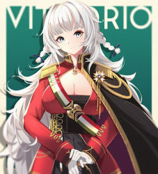 Rule 34 | 1girl, absurdres, azur lane, black skirt, breasts, cape, cleavage, closed mouth, dress, grey eyes, grey hair, highres, italian flag, looking at viewer, medallion, rabe26k, red dress, simple background, skirt, smile, solo, standing, upper body, vittorio veneto (azur lane)