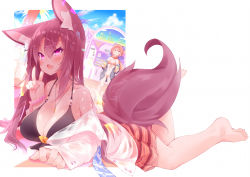 Rule 34 | 2girls, :d, animal ear fluff, animal ears, barefoot, bikini, black bikini, blush, breasts, brown hair, cleavage, cloud, cloudy sky, cuff links, drink, fang, food stand, front-tie top, full body, hair between eyes, heart, heart-shaped pupils, imaizumi kagerou, jacket, jewelry, key, koha, large breasts, long hair, lying, multiple girls, on stomach, open clothes, open jacket, open mouth, pendant, pink eyes, red bikini, sekibanki, shirt, skin fang, sky, smile, swimsuit, symbol-shaped pupils, tail, touhou, v, wet, wet clothes, wet shirt, white shirt, wolf ears, wolf tail, wristband