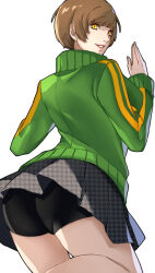 Rule 34 | absurdres, ass, ass focus, bike shorts, bike shorts under skirt, brown hair, from below, highres, jacket, looking back, persona, pertex 777, satonaka chie, shadow (persona), short hair, simple background, skirt, smile, tagme, thighs, track jacket, white background, yellow eyes