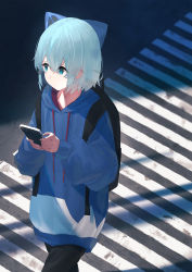 Rule 34 | 1girl, 38 (sanjuuhachi), absurdres, adapted costume, alternate costume, backpack, bag, black bag, black pantyhose, blue bow, blue eyes, blue hair, blue hoodie, bow, cellphone, cirno, closed mouth, contemporary, crosswalk, drawstring, hair bow, highres, holding, holding phone, hood, hoodie, long sleeves, looking at viewer, open mouth, outdoors, pantyhose, phone, puffy sleeves, short hair, smartphone, solo, touhou, walking