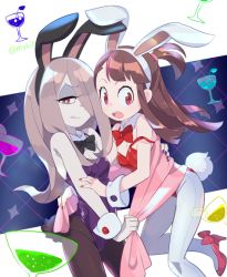Rule 34 | 10s, 2girls, animal ears, bare shoulders, breasts, rabbit ears, rabbit tail, detached collar, fake animal ears, fishnet pantyhose, fishnets, hair over one eye, hat, high heels, kagari atsuko, komoreg, leotard, little witch academia, long hair, looking at viewer, multiple girls, open mouth, pale skin, pantyhose, pink hair, playboy bunny, red eyes, strapless, strapless leotard, sucy manbavaran, tail, witch, wrist cuffs, yuri