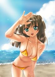 Rule 34 | 1girl, armpits, bare shoulders, beach, bikini, breasts, brown hair, cleavage, cloud, collarbone, covered erect nipples, day, green eyes, hand on own thigh, hand on thigh, hikabe sakuho, huge breasts, large breasts, leaning forward, original, outdoors, shading eyes, sky, smile, solo, swimsuit, yellow bikini
