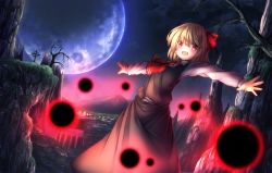 Rule 34 | 1girl, :d, ascot, bare tree, blonde hair, celtic cross, cross, darkness, hair ribbon, highres, minamina, moon, mountain, night, open mouth, outstretched arms, red eyes, ribbon, rumia, shirt, short hair, skirt, smile, spread arms, touhou, tree, vest