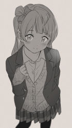 Rule 34 | 1girl, arm behind back, blazer, bow, cardigan, collared shirt, greyscale, hair bow, hand on own chest, jacket, long hair, long sleeves, looking at viewer, love live!, love live! school idol project, minami kotori, miniskirt, monochrome, one side up, otonokizaka school uniform, pantyhose, plaid, plaid skirt, pleated skirt, school uniform, shibasaki shouji, shirt, simple background, skirt, sleeves past wrists, smile, solo