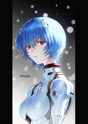 Rule 34 | 1girl, absurdres, ayanami rei, blue hair, bodysuit, from side, highres, looking at viewer, neon genesis evangelion, parted lips, plugsuit, red eyes, short hair, solo, twitter username, white bodysuit, zupakyo