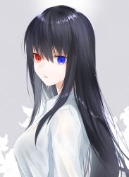 Rule 34 | 1girl, black hair, blue eyes, breasts, commentary request, flower, from side, hair between eyes, hair over shoulder, heterochromia, long hair, looking at viewer, medium breasts, open mouth, original, red eyes, shirt, sidelocks, solo, upper body, waka (shark waka), white shirt